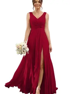 A-Line/Princess Chiffon V-Neck Sleeveless Floor-Length Bridesmaid Dresses — view 40