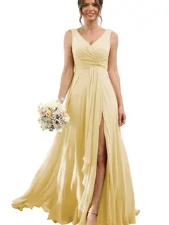A-Line/Princess Chiffon V-Neck Sleeveless Floor-Length Bridesmaid Dresses — view 41