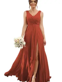 A-Line/Princess Chiffon V-Neck Sleeveless Floor-Length Bridesmaid Dresses — view 42