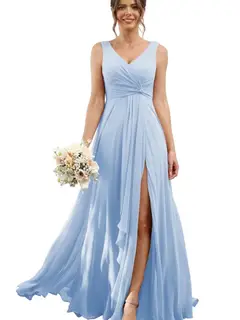 A-Line/Princess Chiffon V-Neck Sleeveless Floor-Length Bridesmaid Dresses — view 43