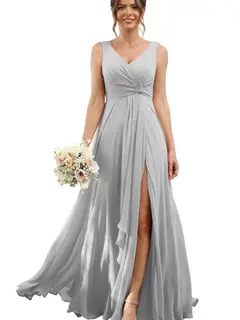 A-Line/Princess Chiffon V-Neck Sleeveless Floor-Length Bridesmaid Dresses — view 45
