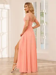 A-Line/Princess V-Neck Short Sleeves Floor-length Bridesmaid Dresses with Split Side — LV35910453 — view 2