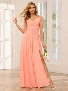 A-Line/Princess V-Neck Short Sleeves Floor-length Bridesmaid Dresses with Split Side — LV35910453 — view 3