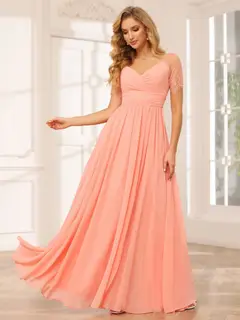 A-Line/Princess V-Neck Short Sleeves Floor-length Bridesmaid Dresses with Split Side — LV35910453 — view 5