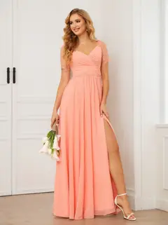 A-Line/Princess V-Neck Short Sleeves Floor-length Bridesmaid Dresses with Split Side — LV35910453 — view 7