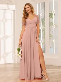 A-Line/Princess V-Neck Short Sleeves Floor-length Bridesmaid Dresses with Split Side — LV35910453 — view 9