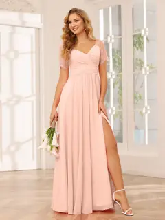 A-Line/Princess V-Neck Short Sleeves Floor-length Bridesmaid Dresses with Split Side — LV35910453 — view 29