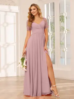 A-Line/Princess V-Neck Short Sleeves Floor-length Bridesmaid Dresses with Split Side — LV35910453 — view 31