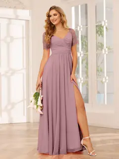A-Line/Princess V-Neck Short Sleeves Floor-length Bridesmaid Dresses with Split Side — LV35910453 — view 32
