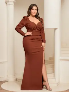Sheath/Column Sweetheart Long Sleeves Floor-Length Unique Plus Size Bridesmaid Dresses with Split Side & Ruffles — view 1