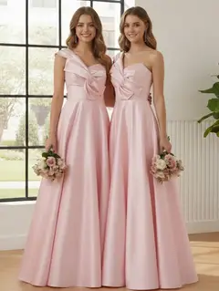 A-Line/Princess One-Shoulder Satin Bridesmaid Dresses Sleeveless Floor-Length Ruched Bowknot — view 1