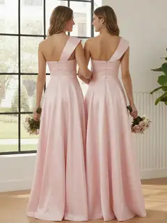 A-Line/Princess One-Shoulder Satin Bridesmaid Dresses Sleeveless Floor-Length Ruched Bowknot — view 2