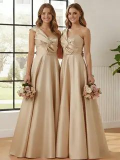 A-Line/Princess One-Shoulder Satin Bridesmaid Dresses Sleeveless Floor-Length Ruched Bowknot — view 3