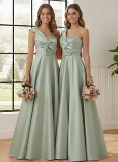 A-Line/Princess One-Shoulder Satin Bridesmaid Dresses Sleeveless Floor-Length Ruched Bowknot — view 4