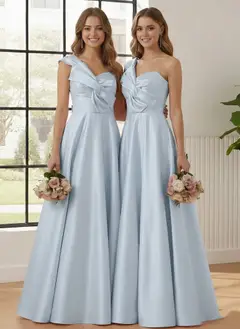 A-Line/Princess One-Shoulder Satin Bridesmaid Dresses Sleeveless Floor-Length Ruched Bowknot — view 5