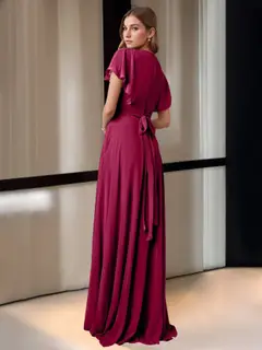 A-Line/Princess V-Neck Short Sleeves Floor-Length Bridesmaid Dresses with Pocket — view 2