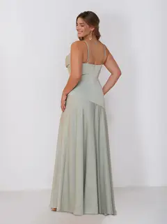 Sheath/Column Spaghetti Straps Cowl Neck Sleeveless Floor-Length Silk Satin Plus Size Bridesmaid Dresses with Split Side — view 2