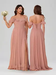 A-Line/Princess Off-the-Shoulder Short Sleeves Floor-Length Bridesmaid Dresses with Split Side & Ruched — view 2