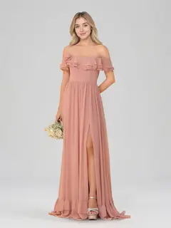 A-Line/Princess Off-the-Shoulder Short Sleeves Floor-Length Bridesmaid Dresses with Split Side & Ruched — view 3
