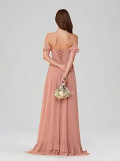 A-Line/Princess Off-the-Shoulder Short Sleeves Floor-Length Bridesmaid Dresses with Split Side & Ruched — view 4