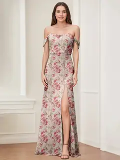 Sheath/Column Off-the-Shoulder Floor-Length Printed Floral Bridesmaid Dresses with High Split — view 1
