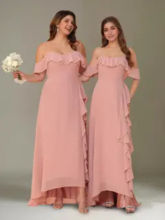 A-Line/Princess Off-the-Shoulder Asymmetrical Chiffon Bridesmaid Dresses with Ruffles — view 1