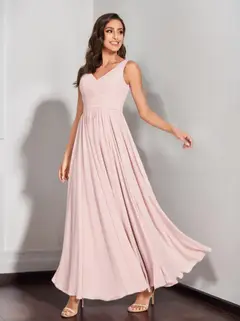 A-Line/Princess Chiffon V-Neck Sleeveless Floor-Length Bridemaid Dresses With Pleats — view 1