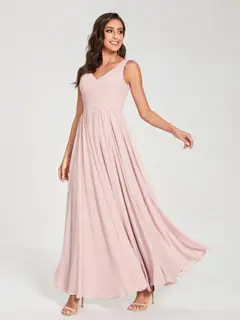 A-Line/Princess Chiffon V-Neck Sleeveless Floor-Length Bridemaid Dresses With Pleats — view 2