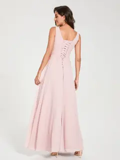 A-Line/Princess Chiffon V-Neck Sleeveless Floor-Length Bridemaid Dresses With Pleats — view 3