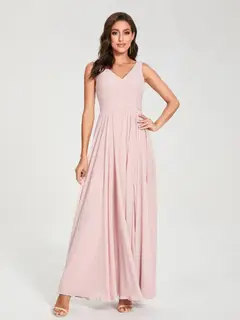 A-Line/Princess Chiffon V-Neck Sleeveless Floor-Length Bridemaid Dresses With Pleats — view 4
