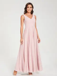 A-Line/Princess Chiffon V-Neck Sleeveless Floor-Length Bridemaid Dresses With Pleats — view 5