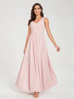 A-Line/Princess Chiffon V-Neck Sleeveless Floor-Length Bridemaid Dresses With Pleats — view 6