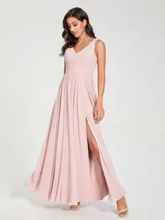 A-Line/Princess Chiffon V-Neck Sleeveless Floor-Length Bridemaid Dresses With Pleats — view 7