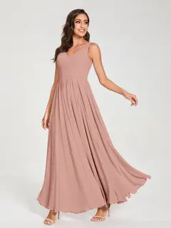 A-Line/Princess Chiffon V-Neck Sleeveless Floor-Length Bridemaid Dresses With Pleats — view 8