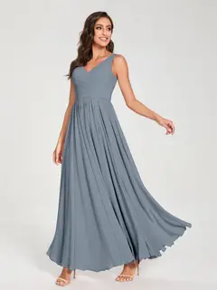 A-Line/Princess Chiffon V-Neck Sleeveless Floor-Length Bridemaid Dresses With Pleats — view 9