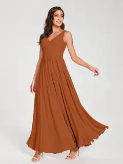 A-Line/Princess Chiffon V-Neck Sleeveless Floor-Length Bridemaid Dresses With Pleats — view 10