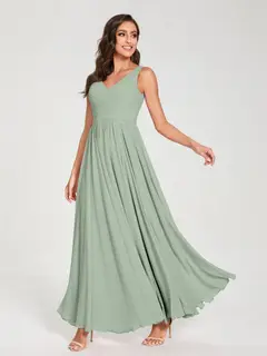 A-Line/Princess Chiffon V-Neck Sleeveless Floor-Length Bridemaid Dresses With Pleats — view 11