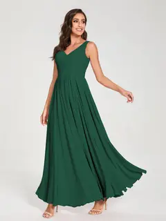 A-Line/Princess Chiffon V-Neck Sleeveless Floor-Length Bridemaid Dresses With Pleats — view 12