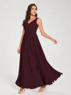 A-Line/Princess Chiffon V-Neck Sleeveless Floor-Length Bridemaid Dresses With Pleats — view 13