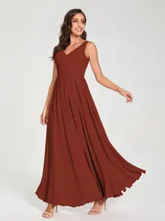 A-Line/Princess Chiffon V-Neck Sleeveless Floor-Length Bridemaid Dresses With Pleats — view 14