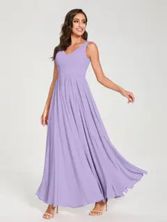 A-Line/Princess Chiffon V-Neck Sleeveless Floor-Length Bridemaid Dresses With Pleats — view 15