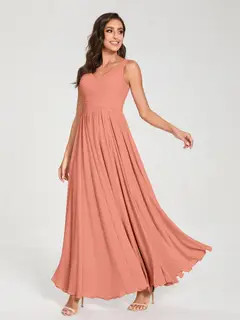 A-Line/Princess Chiffon V-Neck Sleeveless Floor-Length Bridemaid Dresses With Pleats — view 16