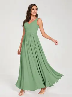 A-Line/Princess Chiffon V-Neck Sleeveless Floor-Length Bridemaid Dresses With Pleats — view 17