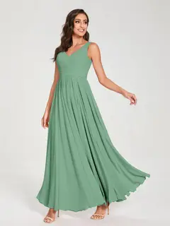A-Line/Princess Chiffon V-Neck Sleeveless Floor-Length Bridemaid Dresses With Pleats — view 18