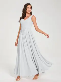 A-Line/Princess Chiffon V-Neck Sleeveless Floor-Length Bridemaid Dresses With Pleats — view 20