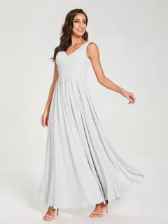 A-Line/Princess Chiffon V-Neck Sleeveless Floor-Length Bridemaid Dresses With Pleats — view 21