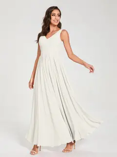 A-Line/Princess Chiffon V-Neck Sleeveless Floor-Length Bridemaid Dresses With Pleats — view 22
