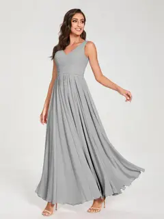 A-Line/Princess Chiffon V-Neck Sleeveless Floor-Length Bridemaid Dresses With Pleats — view 23