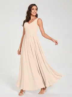 A-Line/Princess Chiffon V-Neck Sleeveless Floor-Length Bridemaid Dresses With Pleats — view 24