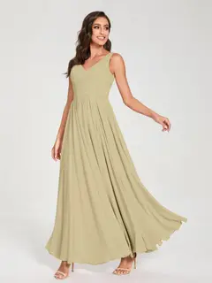 A-Line/Princess Chiffon V-Neck Sleeveless Floor-Length Bridemaid Dresses With Pleats — view 25